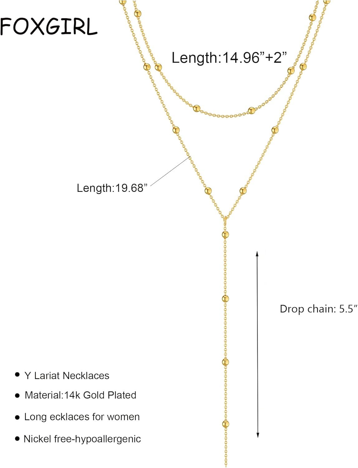 Foxgirl Lariat Gold Necklace for Women, Dainty Long Necklace 14k Gold Plated/Silver Y-Shaped Pendant Necklace Trendy Layered Cz Beaded Chain Drop Necklaces Simple Gold Jewelry For Women Gift