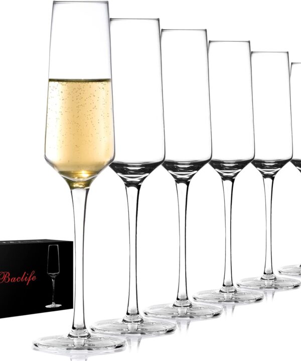 BACLIFE Champagne Flutes - Hand Blown Elegant Champagne Glasses Set of 6 - Unique Gift for Birthday,Wedding, Mothers Day - Ideal for Wine Tasting,Daily Use - 7.5 oz, Clear