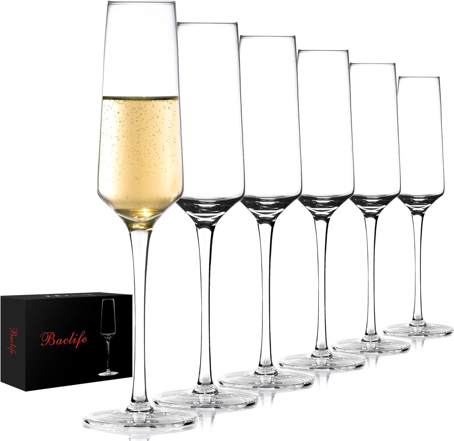 BACLIFE Champagne Flutes - Hand Blown Elegant Champagne Glasses Set of 6 - Unique Gift for Birthday,Wedding, Mothers Day - Ideal for Wine Tasting,Daily Use - 7.5 oz, Clear