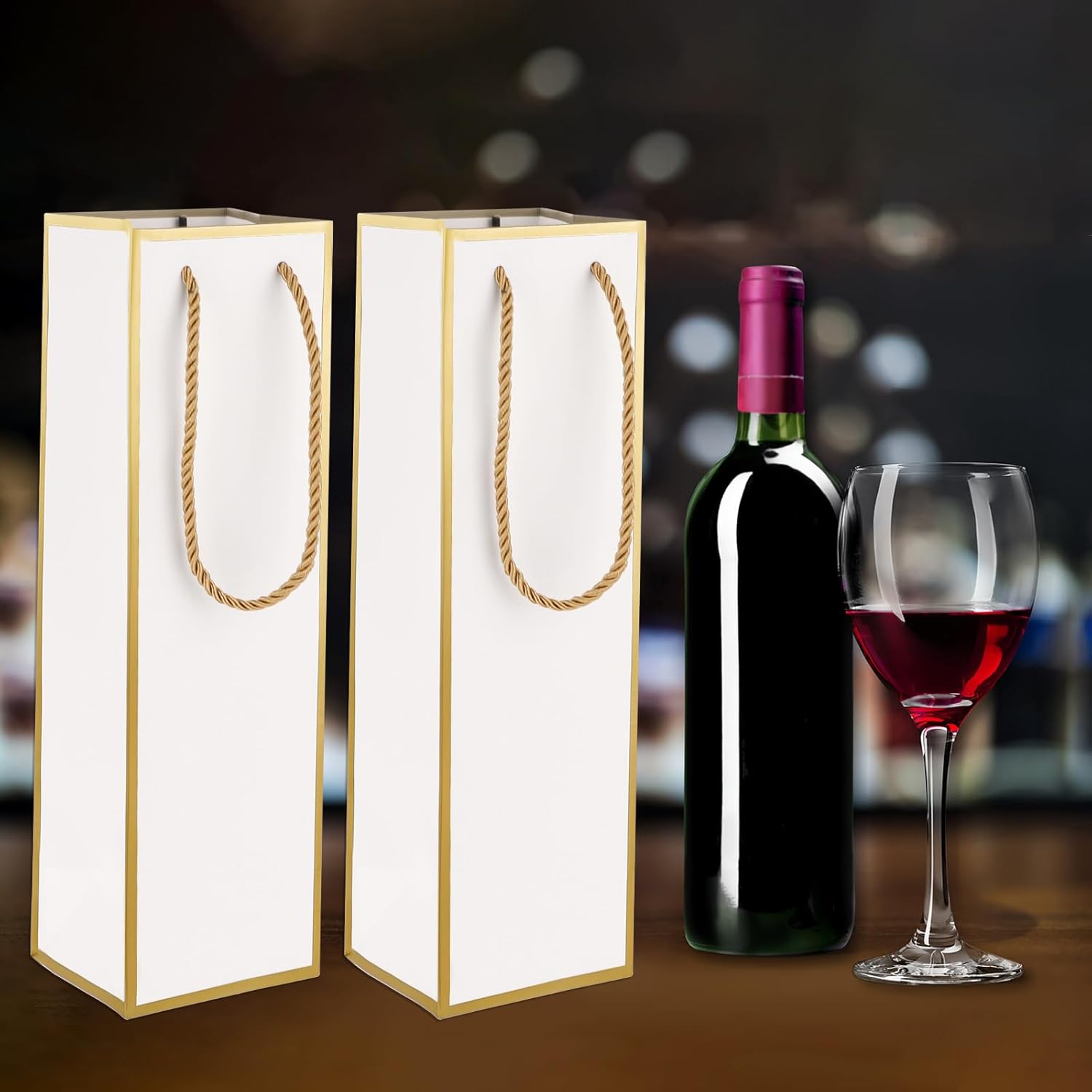 Wine Gift Bags 2 PCS Luxury Wine Bottle Gift Bags, 4″X4″X13.8″ Reusable Liquor Bag with Gold Foil Print, Gold Foil White Wines Bag for Party Wedding Party Anniversary ChampagneBag with Handles