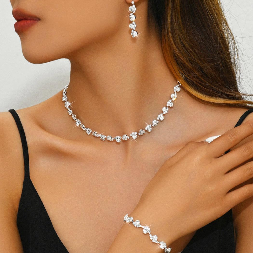 Aukmla Bridal Wedding Jewelry Set Silver Rhinestones Choker Necklaces Earrings Bracelet Sets Prom Jewelry for Women and Brides