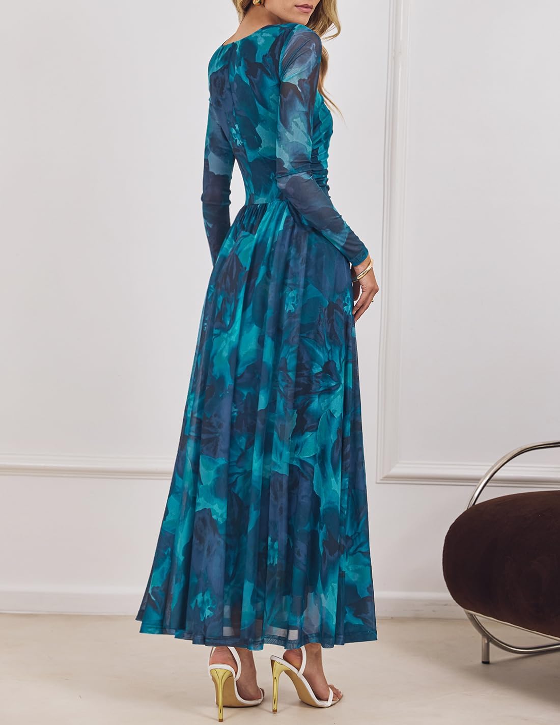 ZESICA Women’s Maxi Dress 2025 Fall Long Sleeve Crewneck Floral Print Mesh Ruched Party Wedding Guest Dresses