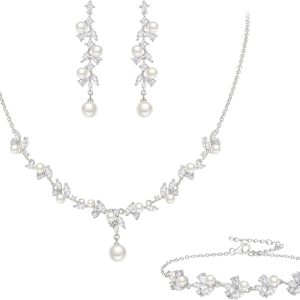 EleQueen Women's Simulated Pearl Wedding Jewelry Set, Cubic Zirconia Marquise Floral Bridal Necklace Earrings Bracelet Sets