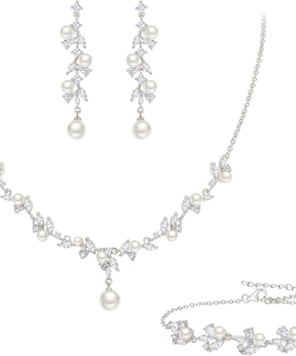 EleQueen Women's Simulated Pearl Wedding Jewelry Set, Cubic Zirconia Marquise Floral Bridal Necklace Earrings Bracelet Sets
