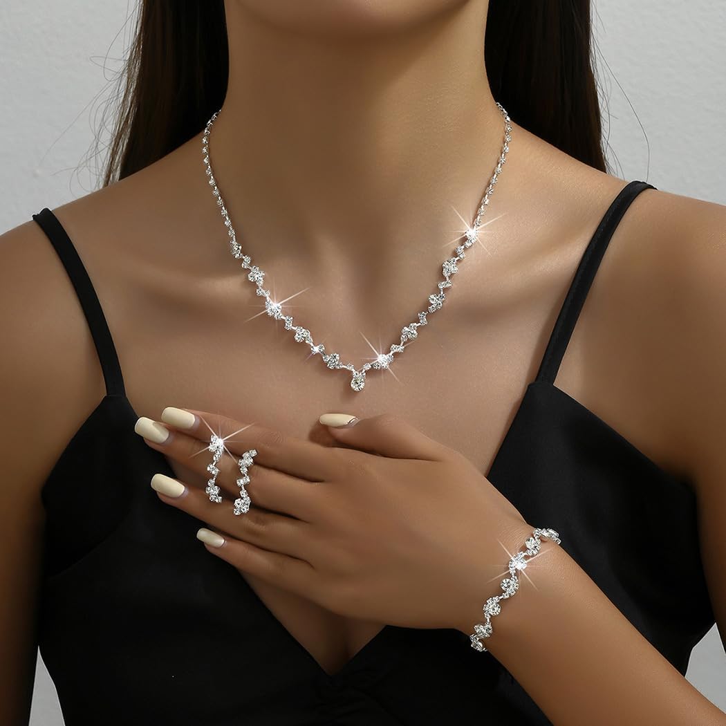 Unicra Bride Crystal Necklace Earrings Set Bridal Wedding Jewelry Sets Rhinestone Choker Necklace Costume Jewelry Set for Women and Brides (3 piece set – 2 earrings and 1 necklace)
