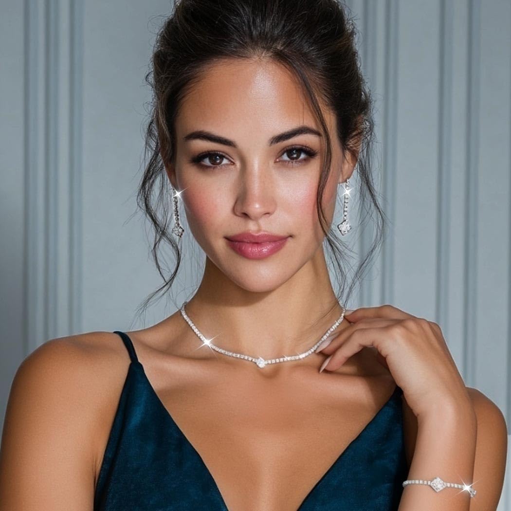 Unicra Silver Bridal Wedding Jewelry Set Sparkly Rhinestone Necklace Earrings Bracelet Sets Formal Costume Jewelry for Women and Brides