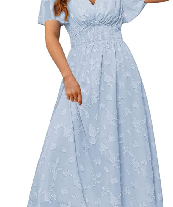 Simplee Women's Boho Floral Maxi Dress Flowy Casual V Neck Short Sleeve Wedding Guest Holiday Beach Long Dress