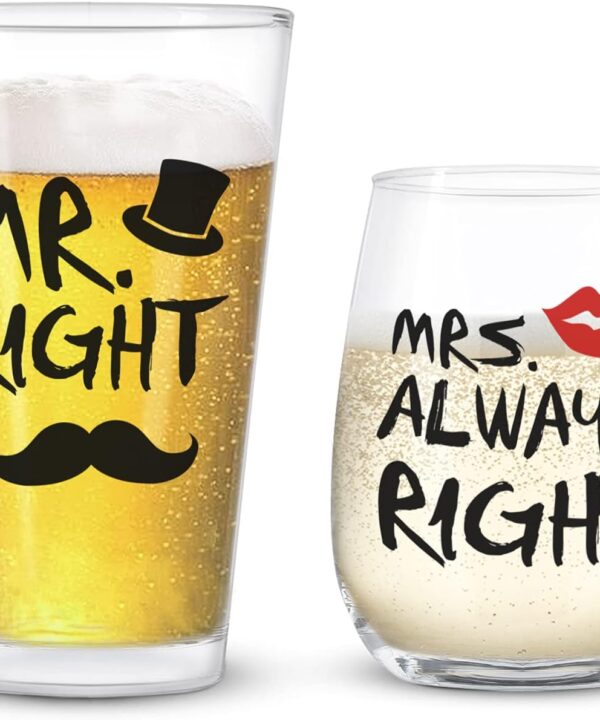 Mr. Right and Mrs. Always Right Stemless Wine Glass and Beer Glass, Funny Couple Set for Her Him Newlywed Couples - Ideal for Wedding Anniversary Valentines Birthday Christmas, 12Oz