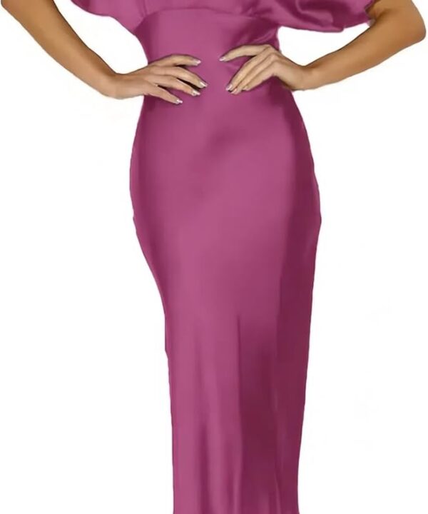 Satin V Neck Puffy Sleeves Silk Midi Dresses Empire Waist Elegant Tie Back Formal Cocktail Dress for Women Wedding Guest