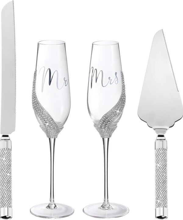 Sratte 4 Pcs Wedding Cake Knife and Champagne Flutes Server Set, Toasting Crystal Rhinestone Champagne Flutes Glasses Cake Knife Pie Server Wedding Gifts for Couple Bride Groom (Silver,Classic)
