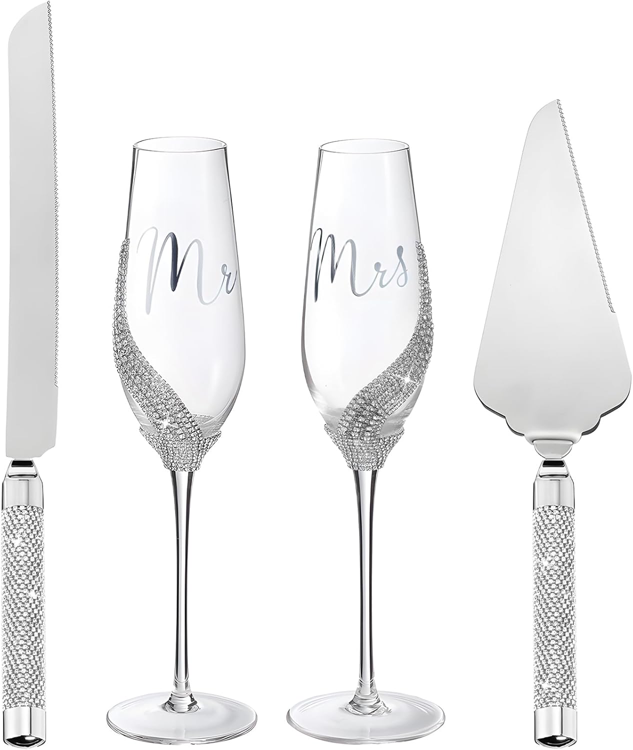 Sratte 4 Pcs Wedding Cake Knife and Champagne Flutes Server Set, Toasting Crystal Rhinestone Champagne Flutes Glasses Cake Knife Pie Server Wedding Gifts for Couple Bride Groom (Silver,Classic)