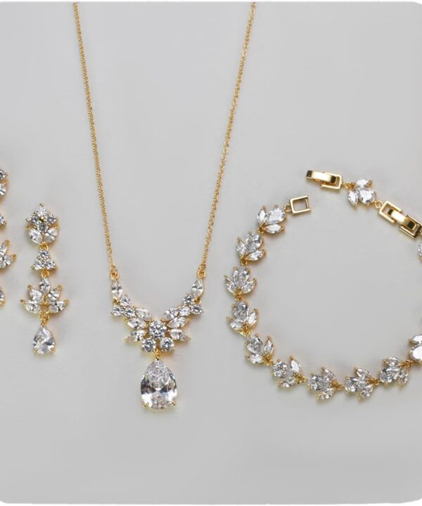 UDYLGOON Sparkling Bride Bidesmaid Wedding Jewelry Set, Cubic Zirconia Dangle Earrings Necklace Bracelet Set for Pageant Prom Formal Wear