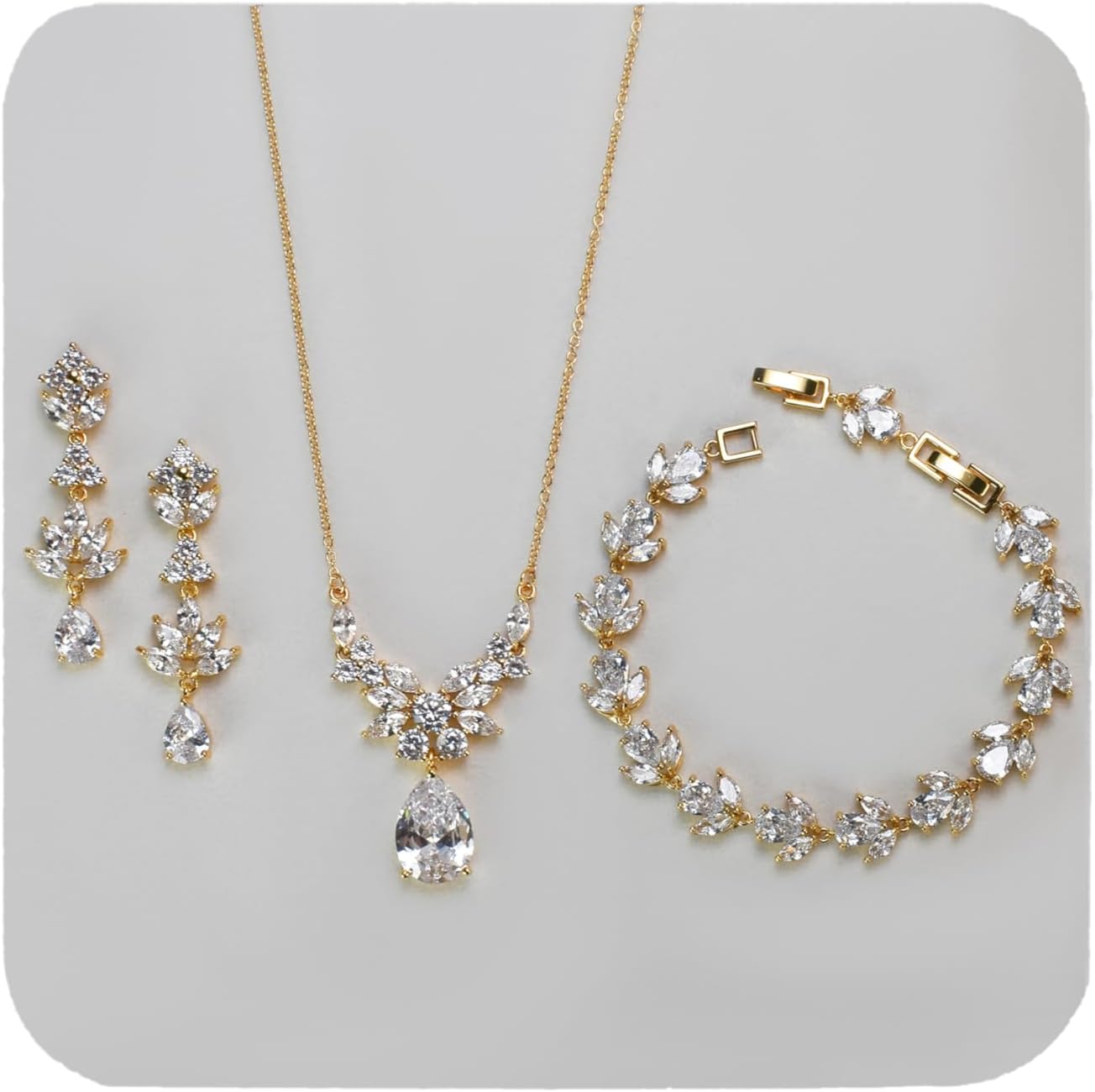 UDYLGOON Sparkling Bride Bidesmaid Wedding Jewelry Set, Cubic Zirconia Dangle Earrings Necklace Bracelet Set for Pageant Prom Formal Wear