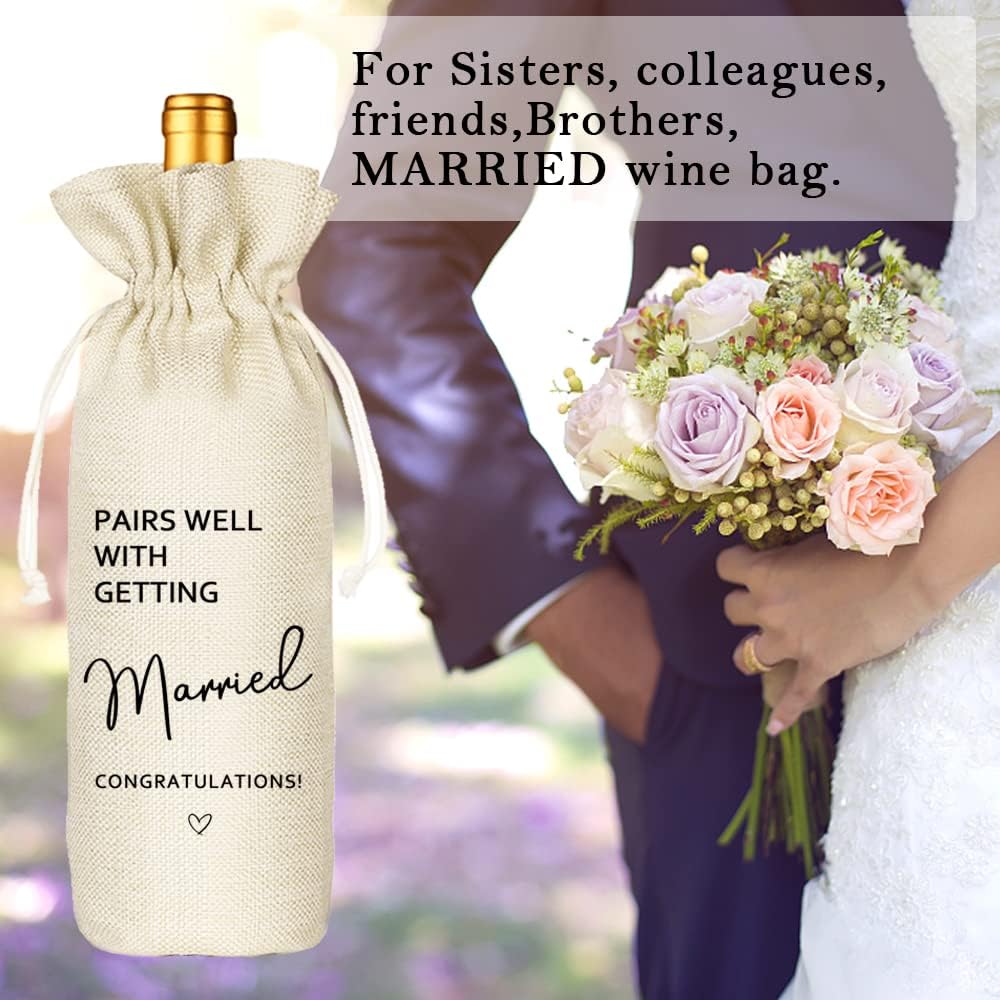 Socive Wedding Wine Bag, Linen Wine Gift Bag, Wedding Couples Gifts, Bride and Groom Gift, Pairs Well with Getting Married(5SW105)