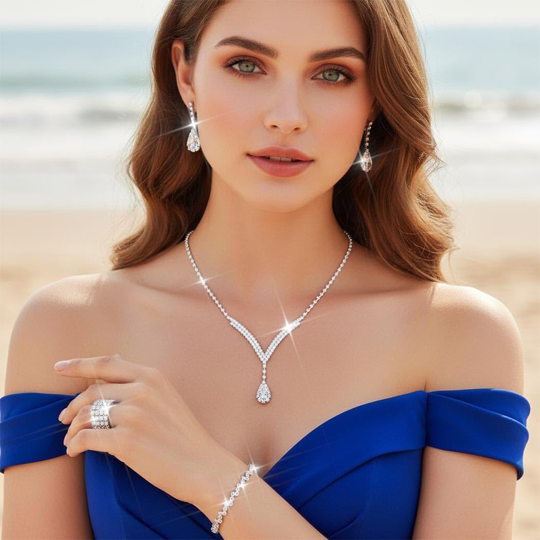 Unicra Bridal Wedding Jewelry Set Silver Rhinestone Necklace Earrings Sets Formal Costume Jewelry for Women and Brides