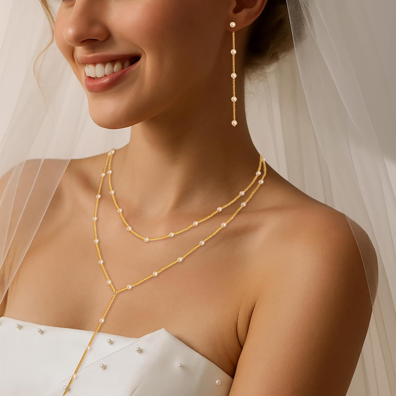 Gold Jewelry Set for Women – Dainty 14K Gold Plated Pearl Necklace and Earring Set with Drop Earrings, Bracelets, Choker Necklace – Wedding Jewelry Gift