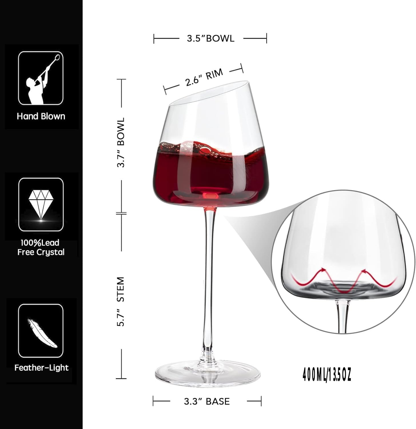 Slanted White Wine Glasses Set of 2, Modern No-lead Hand-Blown Long Stem Red Wine glasses,Premium Crystal Clear Glass with Unique Concave Base,Gift Box-for Anniversary,Wedding,and Christmas-13.5 oz