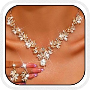 Unicra Rhinestone Bridal Wedding Jewelry Sets Gold Necklace Earrings Set Leaf Prom Formal Costume Jewelry Set for Women and Brides