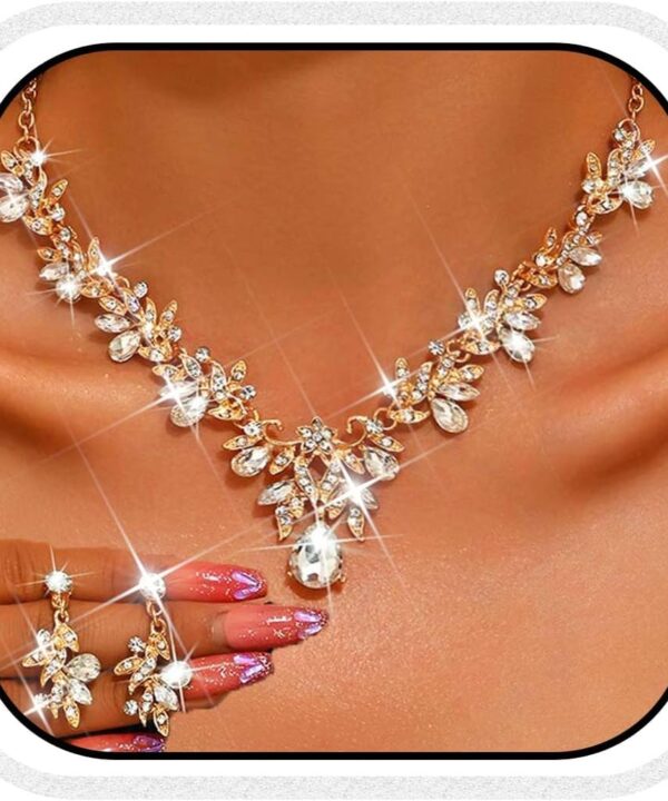 Unicra Rhinestone Bridal Wedding Jewelry Sets Gold Necklace Earrings Set Leaf Prom Formal Costume Jewelry Set for Women and Brides