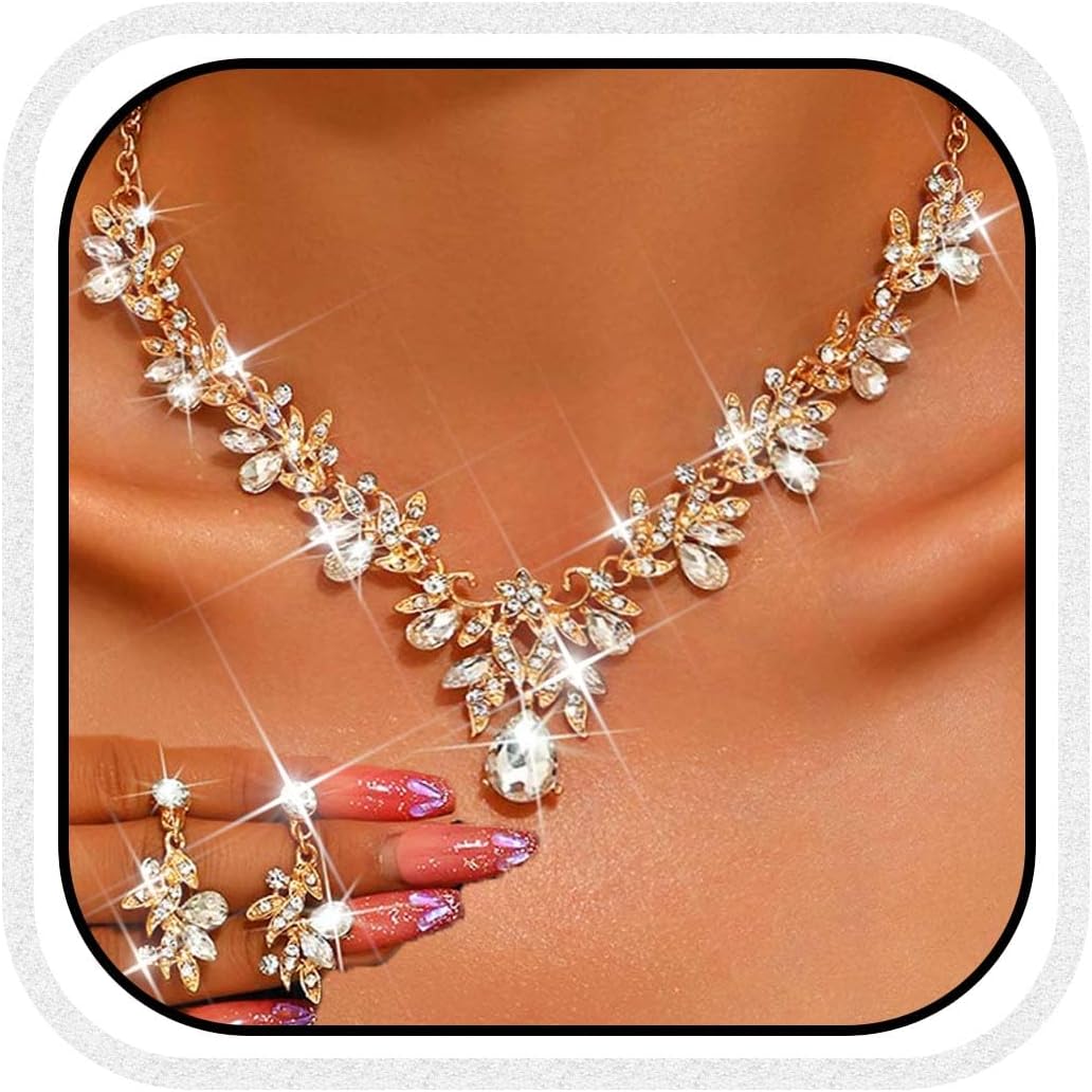 Unicra Rhinestone Bridal Wedding Jewelry Sets Gold Necklace Earrings Set Leaf Prom Formal Costume Jewelry Set for Women and Brides