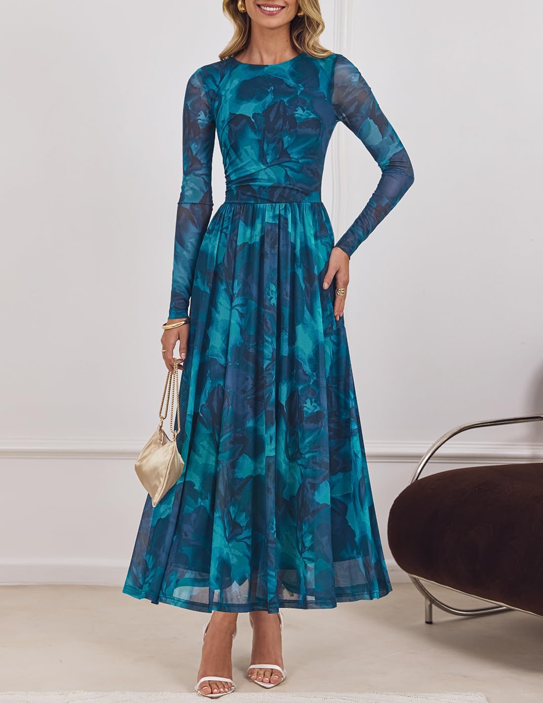 ZESICA Women’s Maxi Dress 2025 Fall Long Sleeve Crewneck Floral Print Mesh Ruched Party Wedding Guest Dresses