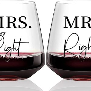 Physkoa Lesbian Wine Glasses Set of 2 Mrs Right& Mrs Always Right Wedding,Engagement, Anniversary, Birthday Gift for Lesbian Couples