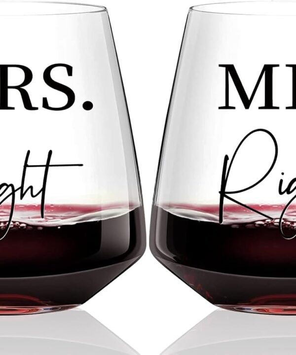 Physkoa Lesbian Wine Glasses Set of 2 Mrs Right& Mrs Always Right  Wedding,Engagement, Anniversary, Birthday Gift for Lesbian Couples