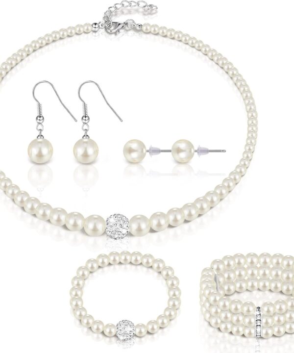 Glenmal Pearl Rhinestone Jewelry Set for Women Pearl Necklace Bracelet Earrings for Wedding Birthday Bridal Shower Tea Party