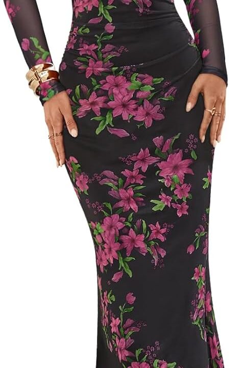 MEROKEETY Women's Fall Off Shoulder Floral Maxi Dresses Formal Long Sleeve Bodycon Cocktail Wedding Guest Dress