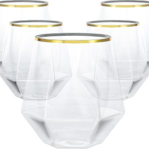 Goodluck 40 PCS Diamond Stemless Plastic Wine Whiskey Glasses, 12 Oz Disposable Cocktail Glasses, Suitable for Weddings, Birthday Parties, Family Gatherings, Bars, etc Gold rimmed cups