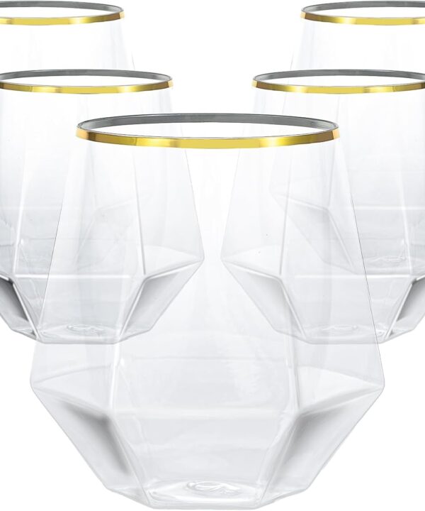 Goodluck 40 PCS Diamond Stemless Plastic Wine Whiskey Glasses, 12 Oz Disposable Cocktail Glasses, Suitable for Weddings, Birthday Parties, Family Gatherings, Bars, etc Gold rimmed cups