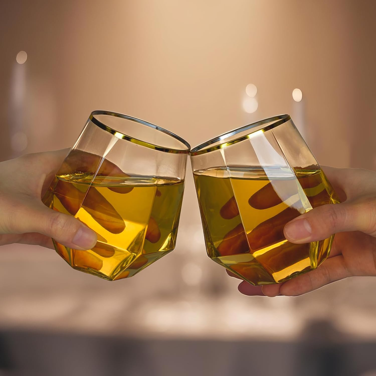 Goodluck 40 PCS Diamond Stemless Plastic Wine Whiskey Glasses, 12 Oz Disposable Cocktail Glasses, Suitable for Weddings, Birthday Parties, Family Gatherings, Bars, etc Gold rimmed cups