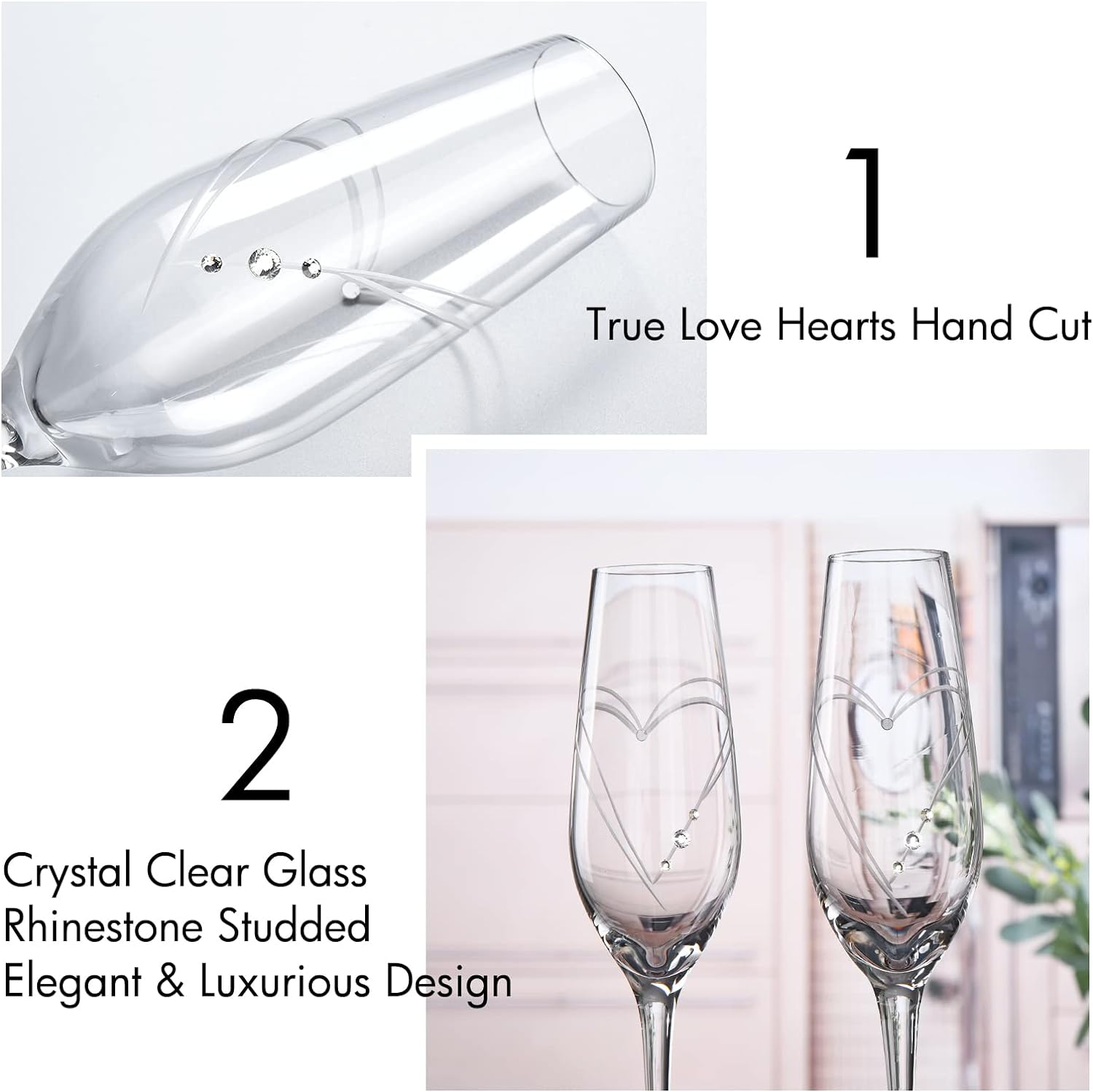 Champagne Flutes, Bride and Groom Wedding Toasting Champagne Glasses Set of 2 with Engraved Love Heart Design Embellished with Crystal, Wedding Engagement Christmas Presents for Couple