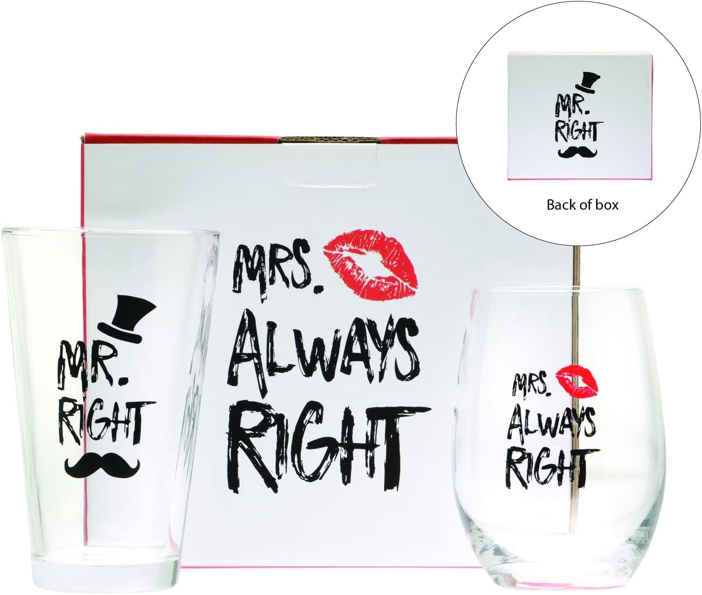 Funny Mr. Right and Mrs. Always Right Novelty Wine Glass and Beer Glass | Includes Fun, Stylish Gift Box | For Weddings, Engagement, Newlywed, Bachelorette, Anniversary, Couples Gifts