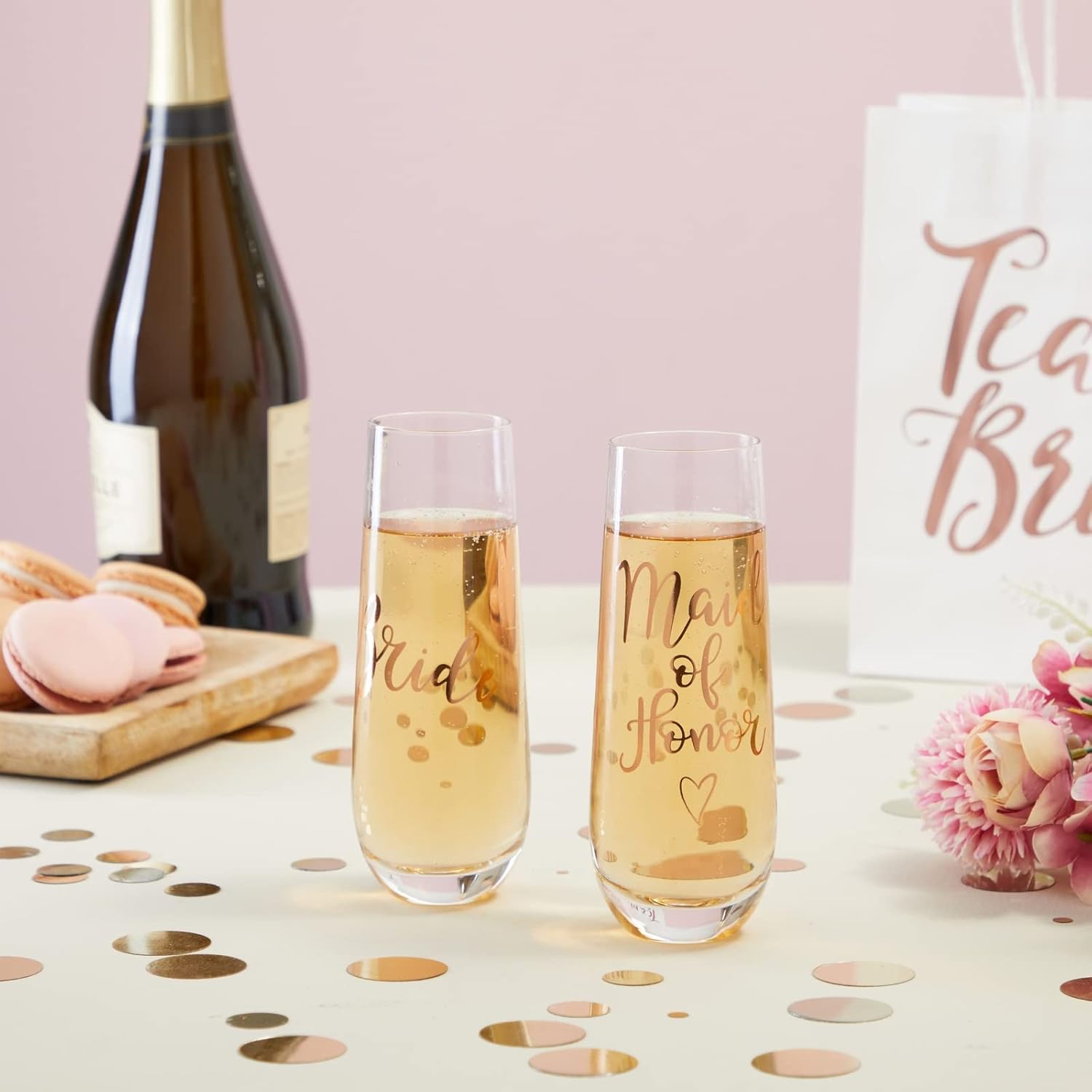 Juvale Rose Gold Stemless Champagne Flutes – 2 Count, 9.8 oz, Rose Gold Glossy Glass – Bridesmaid & Bride Gift Set, Bridal Shower & Wedding Gifts