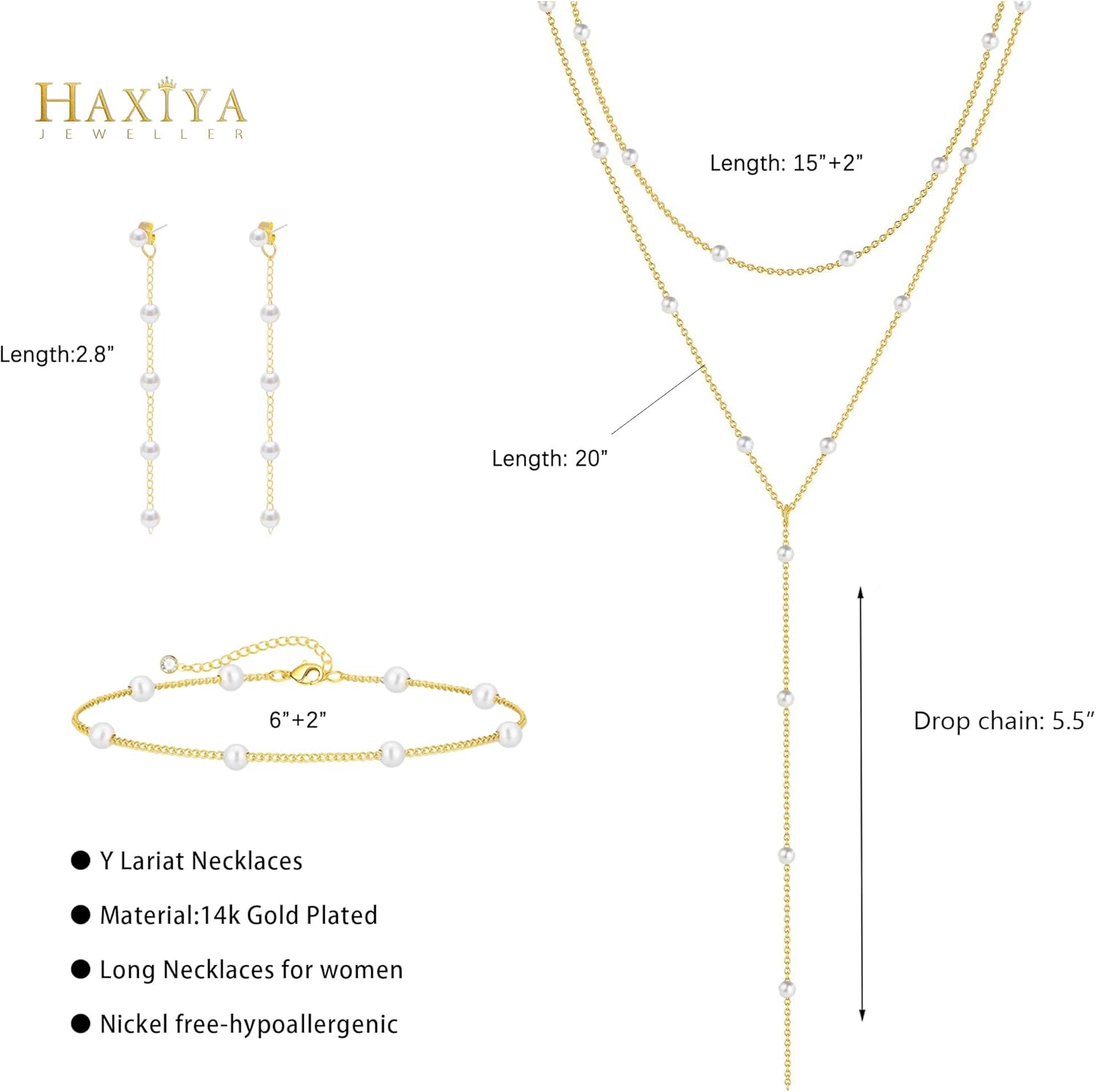 Gold Jewelry Set for Women – Dainty 14K Gold Plated Pearl Necklace and Earring Set with Drop Earrings, Bracelets, Choker Necklace – Wedding Jewelry Gift