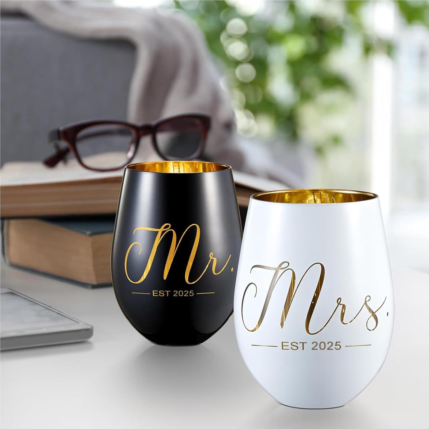 Mr and Mrs EST 2025 Wine Glasses Gifts- Cool Engagement Gifts, Wedding Gifts for Couples, Bride and Groom, His and Hers- Bridal Shower Gifts for Bride To Be