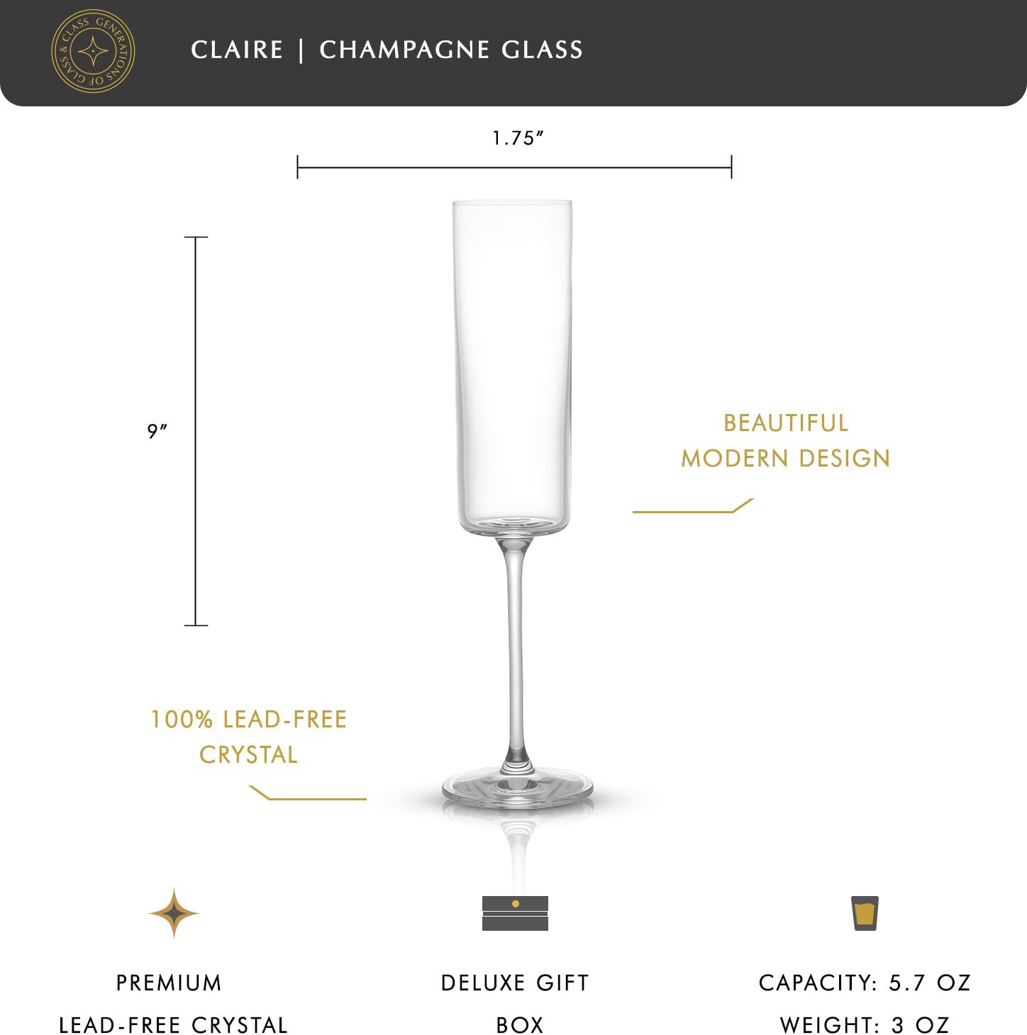 JoyJolt Champagne Flutes, Claire Collection Crystal Champagne Glasses Set of 2, 5.7 Ounce Capacity, Exquisite Craftsmanship, Ideal for Home Bar, Special Occasions Made in Europe