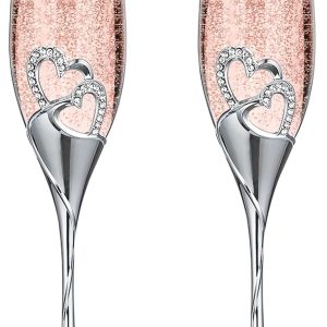 Creative Heart Set with Diamonds Champagne Flutes - Wedding Glasses for Bride & Groom - Toasting Cups Gift Sets for Couples - Engagement, Wedding, Anniversary, House Warming, Hostess Gift (Silver)