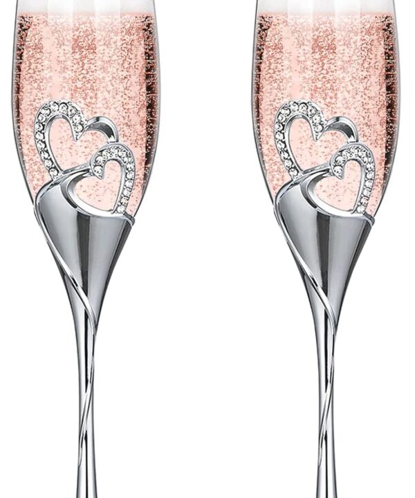 Creative Heart Set with Diamonds Champagne Flutes - Wedding Glasses for Bride & Groom - Toasting Cups Gift Sets for Couples - Engagement, Wedding, Anniversary, House Warming, Hostess Gift (Silver)