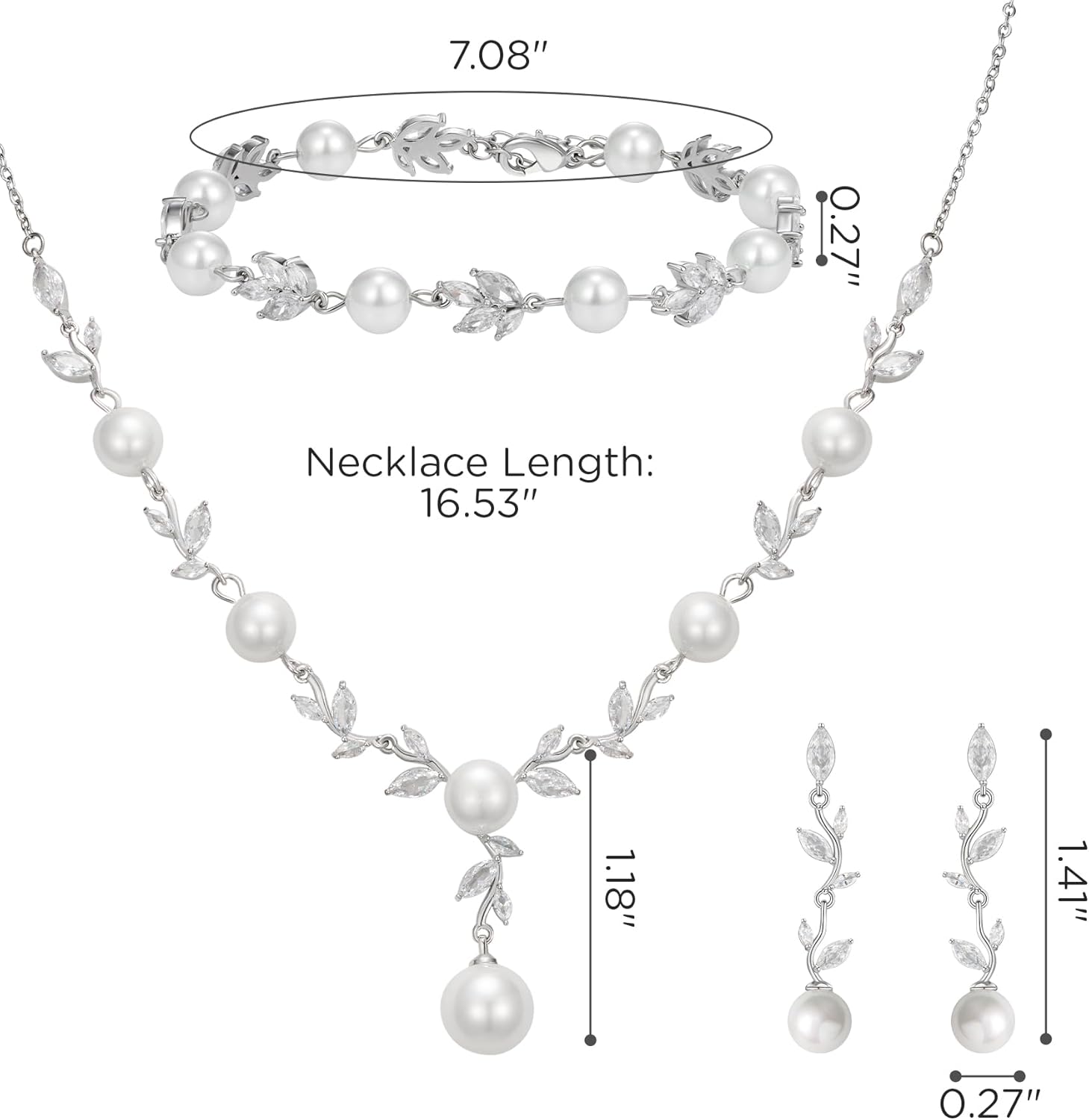 SWEETV Jewelry Set for Bride Women, Cubic Zirconia Pearl Bridal Earrings Necklace Bracelet Set, Bridal Jewelry Set for Wedding Prom