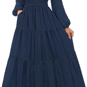 MEROKEETY Women's Fall Long Sleeve Maxi Dress 2025 Boho Ruffle Tiered Swiss Dots Wedding Guest Cocktail Long Dresses
