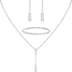 CASSIECA Silver Bridal Jewelry Set Rhinestone Necklace Bracelet Dangle Earrings for Bride Bridesmaid Teardrop Pendant Crystal Wedding Prom Jewelry Accessories for Women