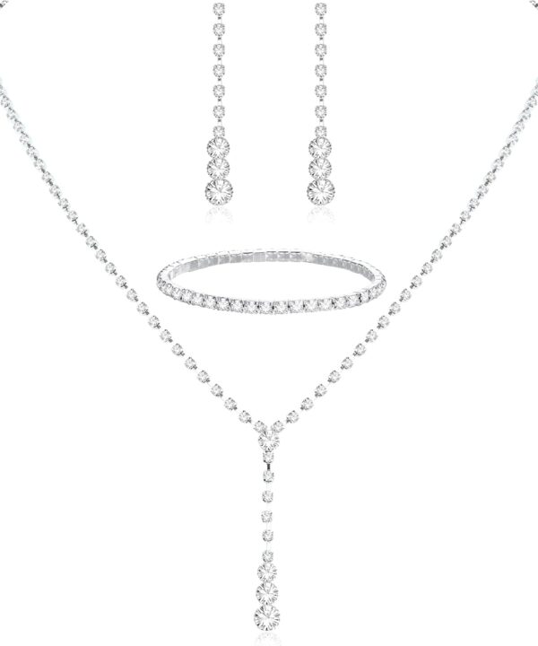 CASSIECA Silver Bridal Jewelry Set Rhinestone Necklace Bracelet Dangle Earrings for Bride Bridesmaid Teardrop Pendant Crystal Wedding Prom Jewelry Accessories for Women