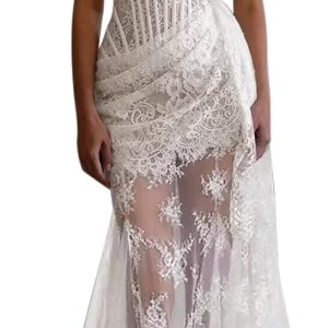 Zeeyecie Strapless Lace Applique Tulle Wedding Dresses 2025 Mermaid Bridal Gowns with Detachable Train for Brides