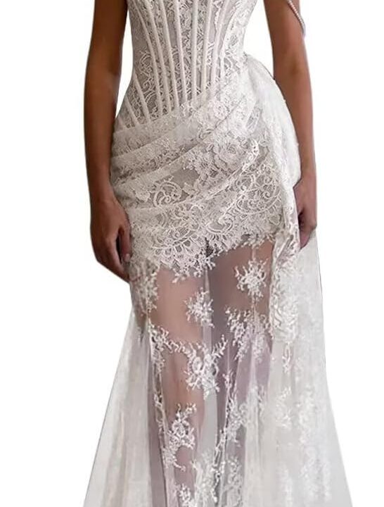 Zeeyecie Strapless Lace Applique Tulle Wedding Dresses 2025 Mermaid Bridal Gowns with Detachable Train for Brides