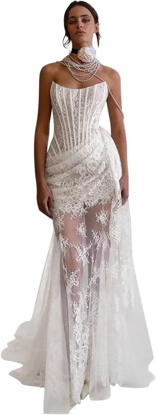 Zeeyecie Strapless Lace Applique Tulle Wedding Dresses 2025 Mermaid Bridal Gowns with Detachable Train for Brides