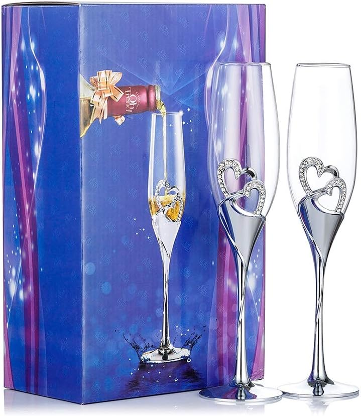 Wedding Champagne Glass Set Silver Toasting Flute Glasses Pack of 2 with Rhinestone Rimmed Hearts Decoration for Wedding, Anniversary and Special Occasions