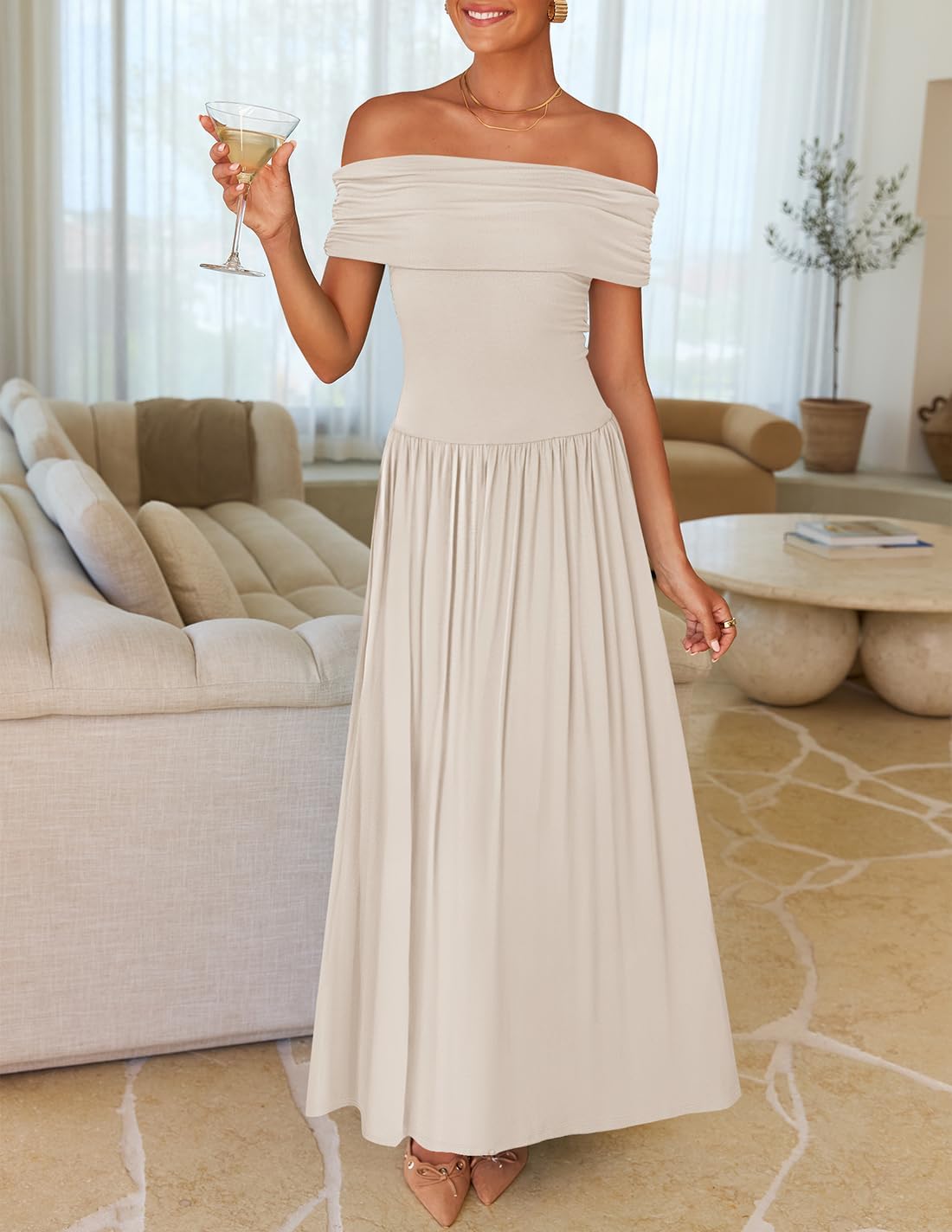 ZESICA Women’s Off The Shoulder Maxi Dress 2025 Summer Sleeveless Casual Slim Swing Pleated Formal Party Dresses