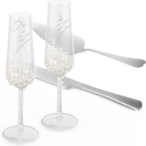 Mr and Mrs Champagne Flutes and Cake Knife Server Set, Wedding Toasting Glasses with Pearls Bride and Groom Gifts for Engagement Anniversary Bridal Shower Ceremony